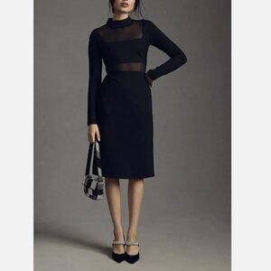 Anthropologie Maeve Black Long Sleeve Mock Neck Sheer Side-Slit Dress